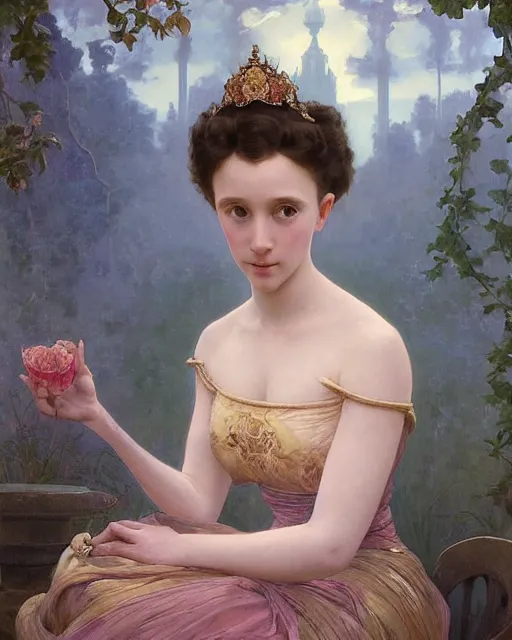 Image similar to a beautiful portrait painting of a shy, blushing princess in a tiara and an iridescent art nouveau gown resembling millie bobby brown watching the lantern festival, intricate, elegant, highly detailed, digital painting, artstation, concept art, by krenz cushart and artem demura and william adolph bouguereau and alphonse mucha