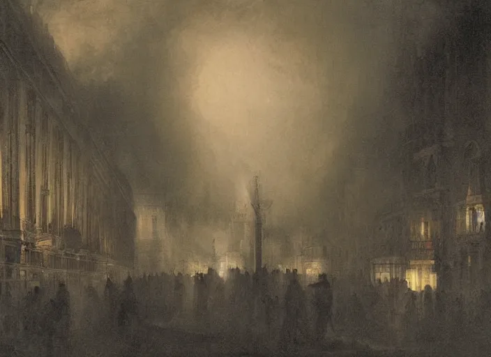 Image similar to 1 9 th century london, art by thomas lawrence, robert rubert and john martin, dark, night, gas lights, floor fog, coherent composition,