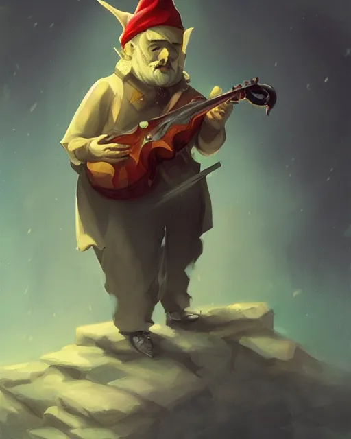 Prompt: male gnome spy, fantasy portrait, playing a magical mandolin, shadowy figure by peter mohrbacher, artstation