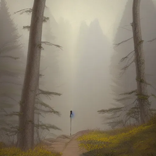 Prompt: a person holding a guide rod on a winding trail through mist. many paths can be seen on the mountain side, but none seem to connect. mist covers most of the scene | painting by james gurney | mystical and lost | iron rod | trending on artstation