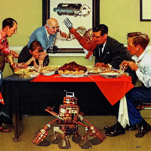 Prompt: a norman rockwell painting of the nasa mars rover eating thanksgiving dinner with robots, award winning,