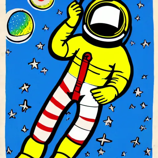 Image similar to pop art of an astronaut shooting himself out of a canon into space