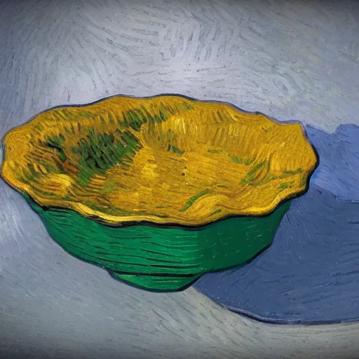 Image similar to vincent van gogh [ within bowl ]!!! resting on table, trending on artstation, cgsociety, [ overhead view ]!!, 4 k quality, intricately defined, professional photography, complexly detailed, polycount