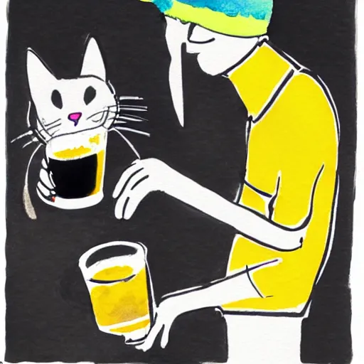 Image similar to a cat wearing a black colored bucket hat and a scarf with black and yellow stripes drinking a beer at an outdoor bar, children\'s book watercolor drawing