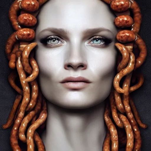 Prompt: medusa with hair made of sausages, award winning creature portrait photography, extremely detailed, artstation, 8 k, sensual lighting, incredible art, wlop, artgerm