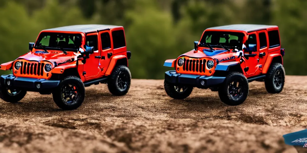 Image similar to Hot Wheels, Jeep Wrangler JKU, cinematic, Maxxis, 8k, depth of field, bokeh.