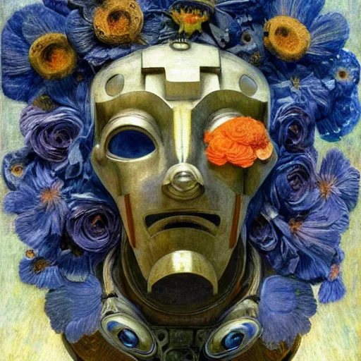 Image similar to masterpiece painting of the head of a robot wearing a mask made of flowers, by annie swynnerton and diego rivera and jean delville, flower mask, symbolist, dramatic lighting, god rays, elaborate geometric ornament, art brut, soft cool colors, smooth, sharp focus, extremely detailed, adolf wolfli