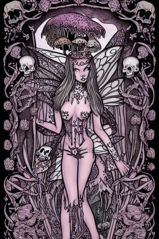 Prompt: a gothic fairy surrounded by skulls and mushrooms, fantasy graphic novel style, by wendy pini, intricate, fine inking lines, extremely detailed, flat colors