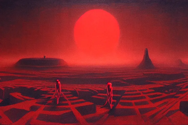 Image similar to only with red, red god of death eat apple, a futuristic city on mars in the background, an ancient path, in the style of beksinski, part by hopper, part by rodcenko, part by hofbauer, intricate composition, red by caravaggio, insanely quality, highly detailed, masterpiece, red light, artstation, 8 k