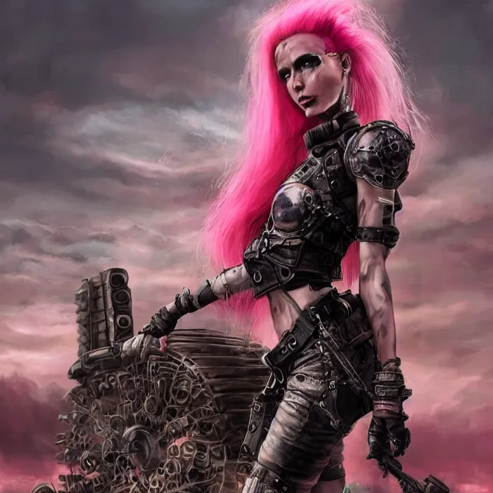 Image similar to beautiful apocalyptic woman with pink Mohawk, standing on mad max panzer tank, epic, smooth, sharp focus, 4k ultra hd, fantasy dark art, tank girl, artgerm, artstation, octane render, elegant, detailed digital painting