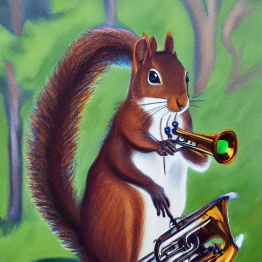 Prompt: squirrel with a trumpet in an oak tree, oil painting