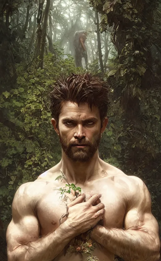 Image similar to god of the forest, 3 0 years old, rugged, handsome, male, detailed face, clean lines, atmospheric lighting, amazing, full body, flowers, muscular, intricate, highly detailed, digital painting, artstation, concept art, sharp focus, illustration, art by greg rutkowski and alphonse mucha