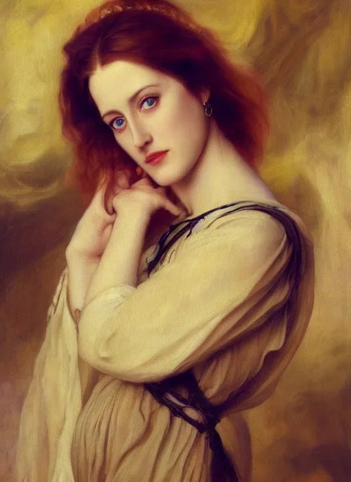 Image similar to a beautiful painting of young gillian anderson by felix resurreccion hidalgo, pre-raphaelite, detailed, trending on artstation, hd, masterpiece