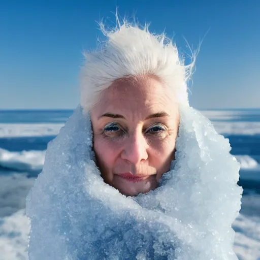 Image similar to ice dust around a frozen woman with white hair and blue eyes on the seashore, In detail