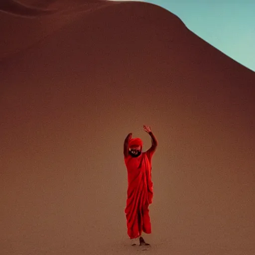 Prompt: low quality image of an indian man in a turban floating above a desert