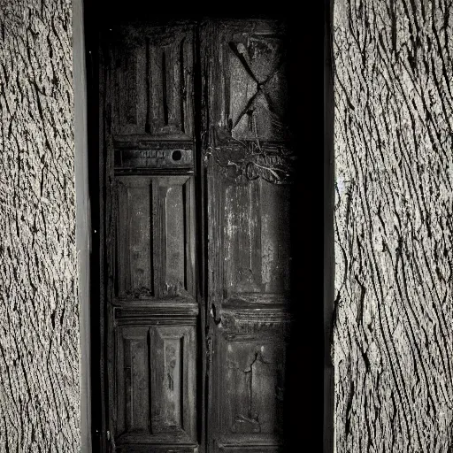 Image similar to An ominous photograph of the slightly opened door standing ajar, darkness behind it, close-up view, dim lighting, nightmare, taken with Sony a7R camera