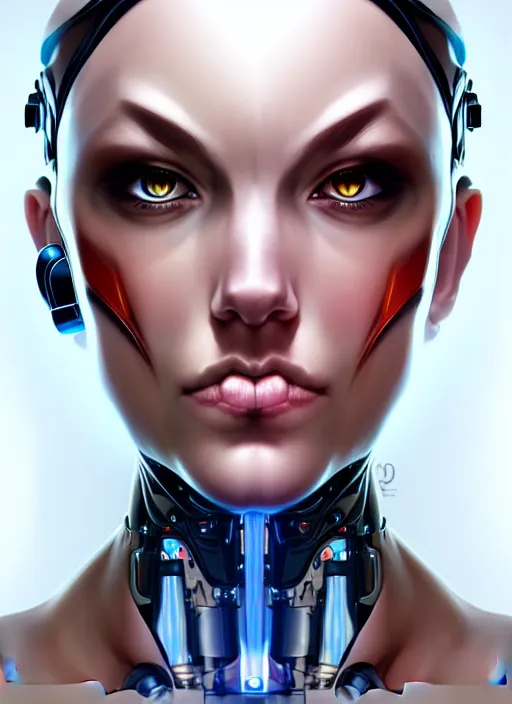 Prompt: portrait of a cyborg woman by Artgerm (face rotation -100), biomechanical, hyper detailled, trending on artstation