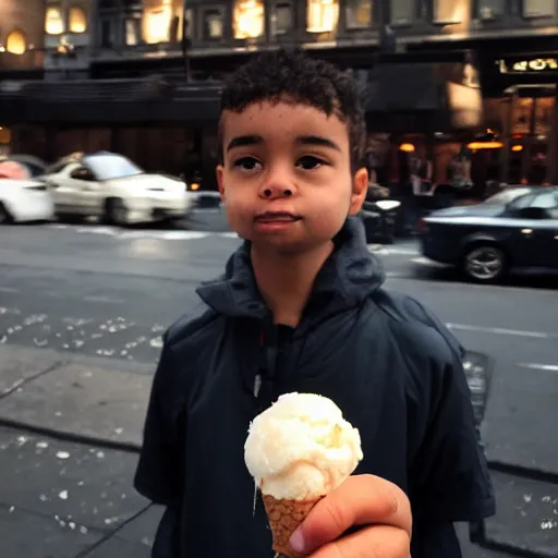 Image similar to an angry god looking at his tiny ice cream cone in nyc.