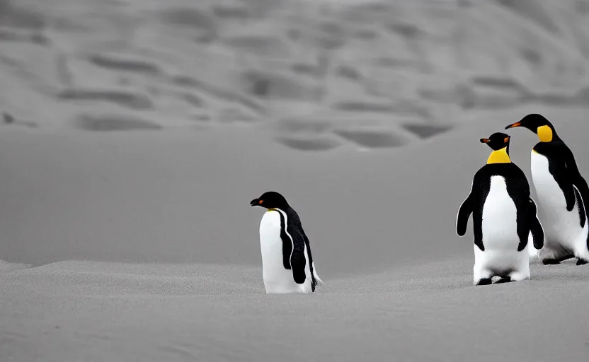 Image similar to confused penguins in sand dunes, photography