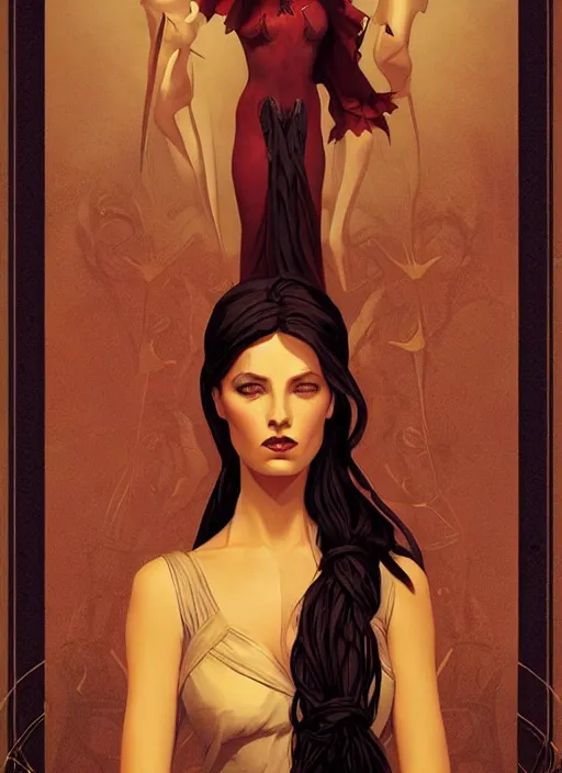 Image similar to tarot!!, high priestess, no noise, elegant, concept art, sharp focus, beautiful face!!, digital art, smooth defined outlines!!, human anatomy, human structure, vector background, dark fantasy, by Brom, trending on Artstation, Tom Bagshaw, Sargent