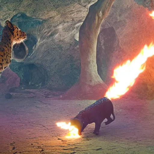 Image similar to jaguar breathing fire in a zoo global illumination