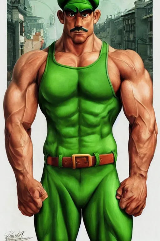 Image similar to muscular luigi wearing a green jumpsuit by ilya kuvshinov, bodybuilder ernest khalimov, super mario bros symmetrical face concept art, hyper realistic, intricate, elegent, highly detailed, digital painting, concept art, smooth, sharp, focus, illustration, art by artgerm and greg rutkowski and alphonse mucha, artstation