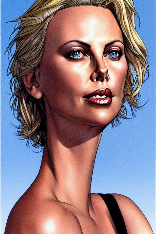 Prompt: realistic detailed full portrait of Charlize Theron by Milo manara