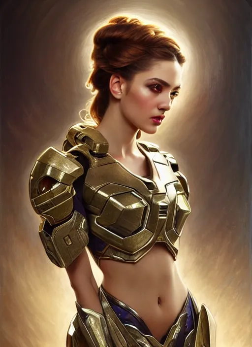 Prompt: glamorous greek portrait, seductive eyes and face, elegant, lascivious pose, very detailed face, studio lighting, photorealism, wearing Forerunner armor from Halo portrait by Magali Villeneuve and Steve Argyle,Livia Prima,Mucha,dress,fantasy art,beautiful,artstation,trending on artstation,intricate details,alluring,masterpiece