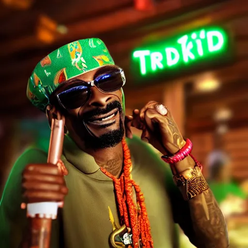 Image similar to a photorealistic photograph of a Trader Vic's tiki mug featuring Snoop Dogg at a tiki bar - Trending on Artstation, featured on Behance, well-rendered, Unreal Engine, 4K HD