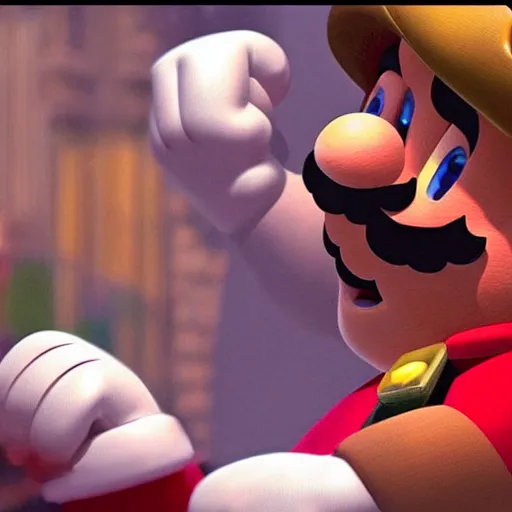 Image similar to Mario taking a hit in an A24 film aesthetic