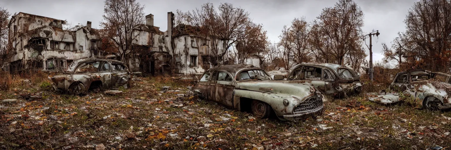 Image similar to low wide angle shot of dilapidated fallout 5 europa, retro futuristic overgrown euro rural town, decrepit road, dilapidated european houses, few rusted retro futuristic vintage parked vehicles like cars, volumetric lighting, photorealistic, daytime, autumn, cold sunny weather, sharp focus, ultra detailed, 4 2 0 0 k