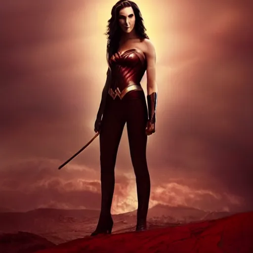 Prompt: Full body photo of the beautiful woman Gal Gadot a vampire, she is quiet, she has vampire fangs, there is a red glow coming from her, she is getting ulluminated by the red full moon, the photo was taking by Annie Leibovitz, matte painting, oil painting, naturalism, 4k, 8k