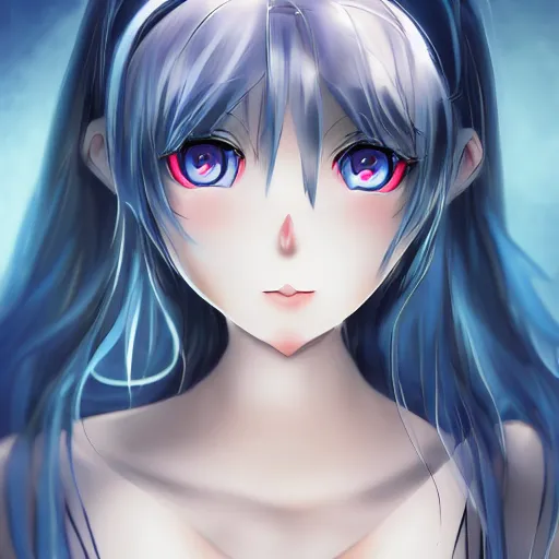 Image similar to (anime girl), steel blue symmetric eyes 24yo, studio, annie leibowit