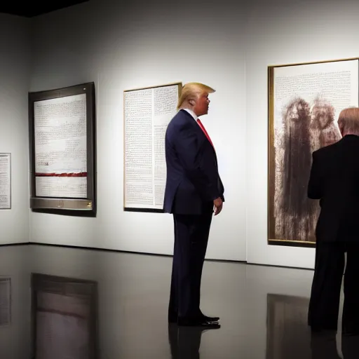 Image similar to trump watching a cyborg trump exhibition in a museum, studio lighting, photography, highly detailed, 4 k,