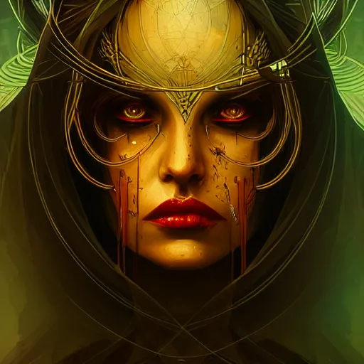 Prompt: queen of death. intricate portrait, occult cyberpunk, ancient futuristic, dark art, occult. by Petros Afshar