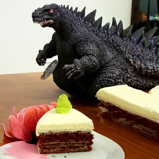 Image similar to godzilla eating a piece of cake