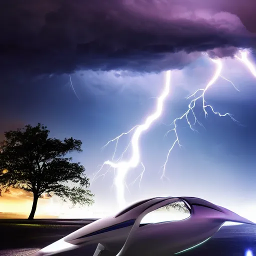 Image similar to futuristic flying car emerging from a circle of lightning in the sky, thunderstorm at night, 28mm dramatic photo