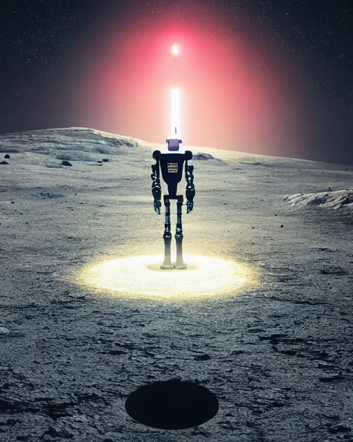 Image similar to a robot standing in front of a glowy open door that's on a barren moon, poster art by mike winkelmann, trending on cg society, space art, sci - fi, ue 5, futuristic, volumetric lighting, light casting onto the ground, neat composition and camera angle