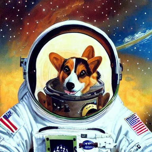 Image similar to corgi astronaut in space, beautiful painting by norman rockwell