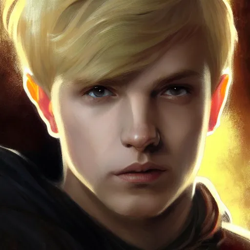 Image similar to an epic fantasy comic book style portrait painting of a young blonde boy who is over confident, wearing plain thief clothes, d & d, fantasy, intricate, elegant, highly detailed, digital painting, artstation, concept art, matte, sharp focus, illustration, art by artgerm and greg rutkowski and alphonse mucha