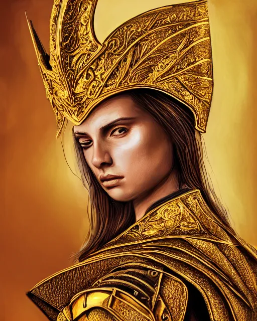 Image similar to gouache portrait of woman in shining golden armor, high production value, intricate details, high resolution, hdr, high definition, masterpiece, realistic, ultrarealistic, highly detailed, hd, sharp focus, non blurry, sharp, smooth