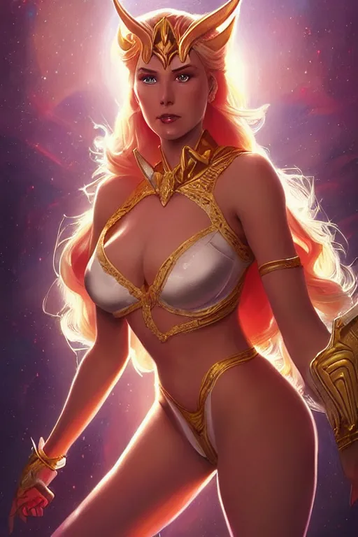 Prompt: ultra realistic photo, she - ra the princess of power in lingerie, sci - fi, fantasy, intricate, elegant, highly detailed, digital photo, artstation, concept art, smooth, sharp focus, illustration, art by artgerm and greg rutkowski and alphonse mucha
