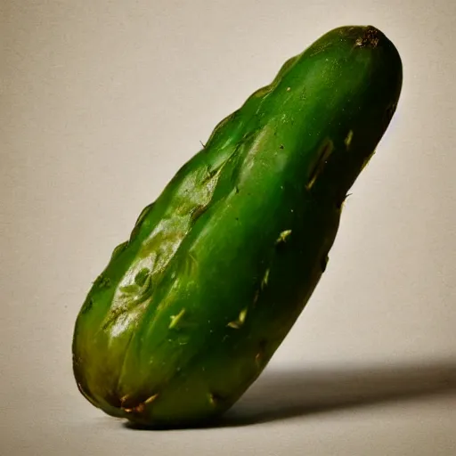 Prompt: portrait photograph of a pickle with a smile