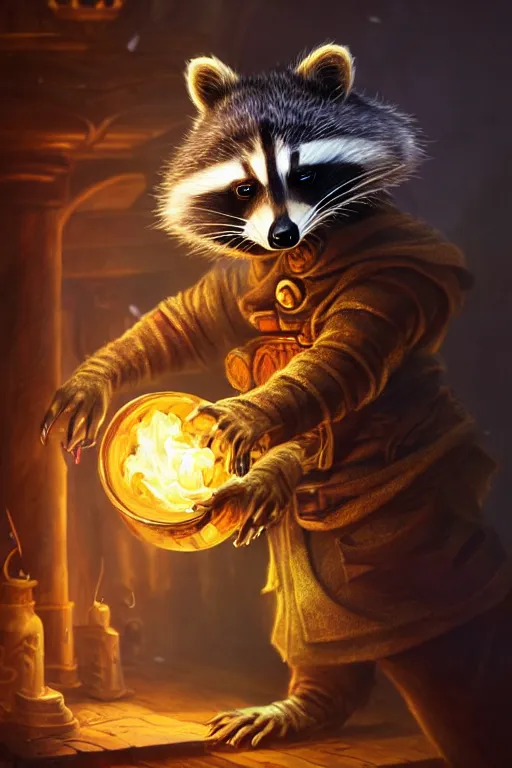 Image similar to closeup 3 5 mm anthropomorphic sorcerer raccoon casting a spell in a castle, d & d, fantasy, intricate, action pose, particle effects, highly detailed, digital painting, artstation, concept art, matte, sharp focus, volumetric lighting, illustration, hearthstone, art by artgerm, wlop, greg rutkowski and alphonse mucha