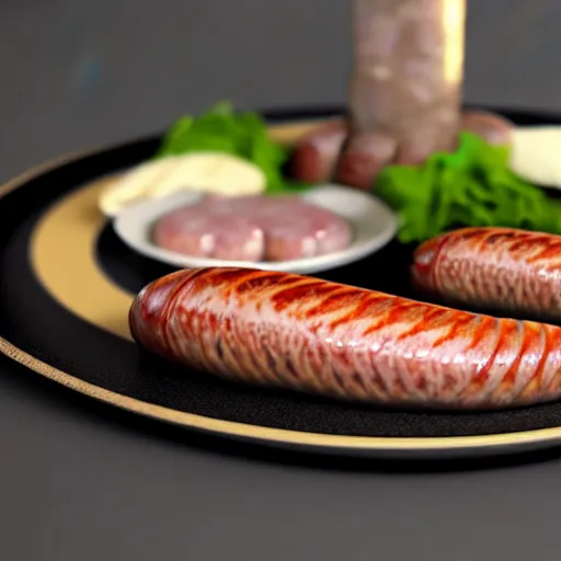 Image similar to realistic 3 d unreal engine render of a half fish half sausage alone on a plate, fish fins on a sausage