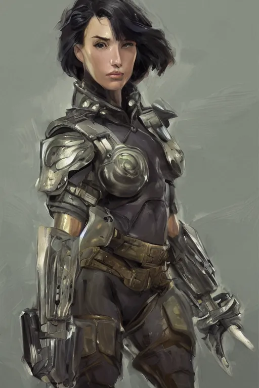 Image similar to a professionally painted portrait of an attractive young woman, clothed in military armor, olive skin, long dark hair, beautiful bone structure, symmetrical facial features, intricate, elegant, digital painting, trending on Artstation, concept art, smooth, sharp focus, illustration, from Metal Gear by Ruan Jia and Mandy Jurgens and Artgerm and William-Adolphe Bouguerea, award winning