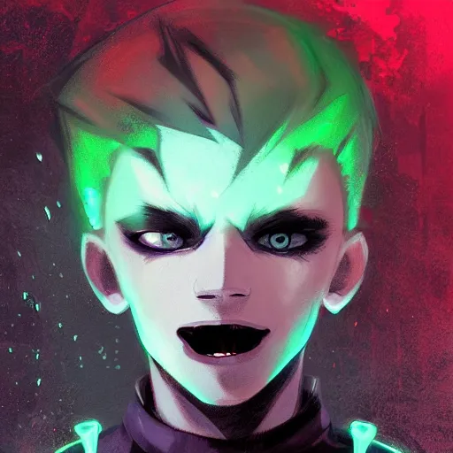 Image similar to Young Danny phantom, ghostly, with glowing green eyes and sharp teeth fangs alt art fashion punk, art by WLOP and Charlie Bowater and WLOP and Mark Arian and Ross Tran + neon colors, symmetry,A digital matte intricate illustration concept art , intricate complexity, epic composition, magical atmosphere, highly detailed, cinematic lighting + masterpiece, trending on artstation + 8k