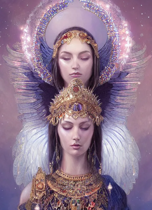 Image similar to A beautiful digital painting of a female Seraphim full of jewels, princess, the moon behind her, intricate, cinematic lighting, highly detailed, digital painting, Artstation, concept art, smooth, sharp focus, illustration, art by Tom Bagshaw, Artgerm and Greg Rutkowski