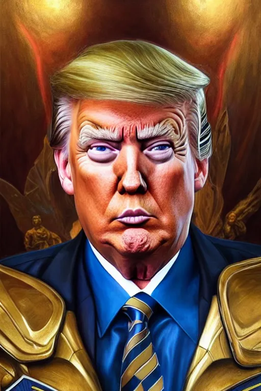 Image similar to hyperrealistic painting of Donald Trump as Captain America, D&D, fantasy, photorealism, accurate depiction, intricate, elegant, highly detailed, digital painting, post processing, extremely detailed, face symmetry, artstation, concept art, matte, smooth, sharp focus, illustration, art by Artgerm and Greg Rutkowski and Alphonse Mucha, oil painting, 8k