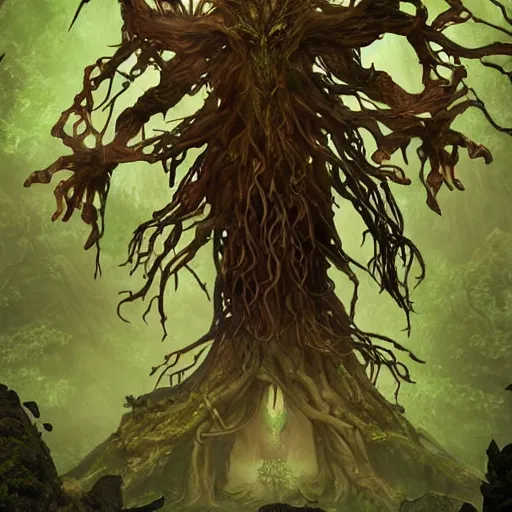 Image similar to giant green old treant creature, elven treant made of leaves and roots, old elven treant, old humanoid ents, elven face, old human face, old humanoid treant, epic fantasy style, green theme, forest background, hearthstone artwork